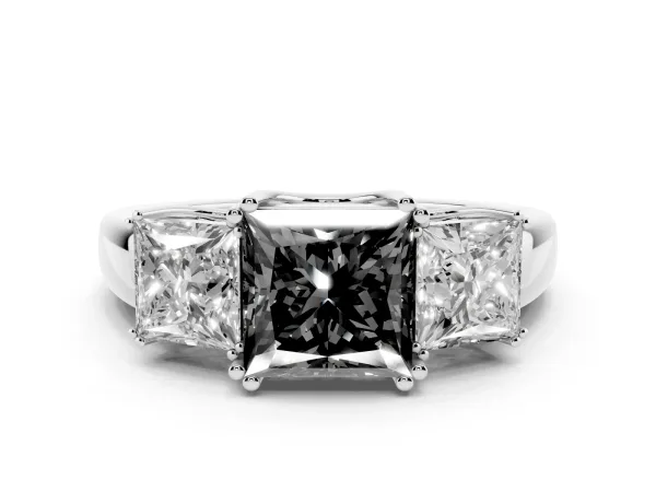Fancy Black Three-Stone Princess Cut Cut Diamond Ring with Channel Set Band and Four-Prong Setting Platinum