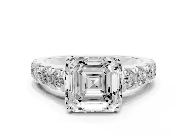Asscher Cut Cut Diamond Solitaire Ring with Micro Pave Band and Prong Setting White gold