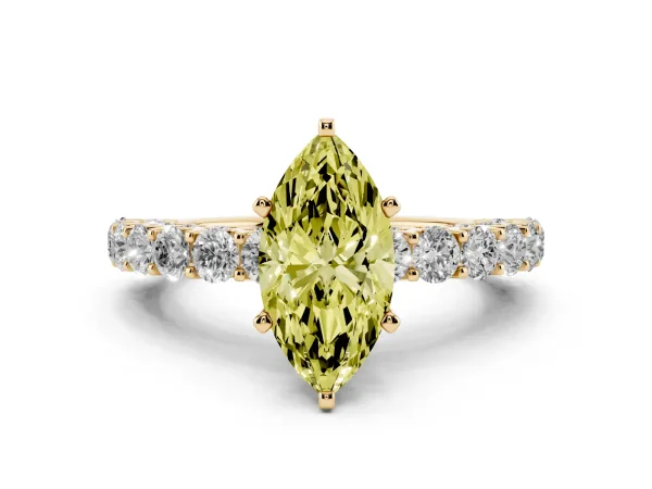 Fancy Yellow Marquise Cut Diamond Solitaire Ring with Shared Prong Pavé Band and Four-Prong Setting Yellow gold