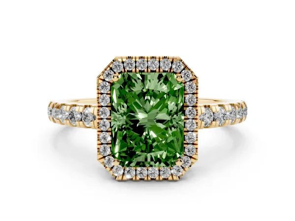 Fancy Green Radiant Cut Diamond Halo Ring with Pavé Band and Four-Prong Setting Yellow gold