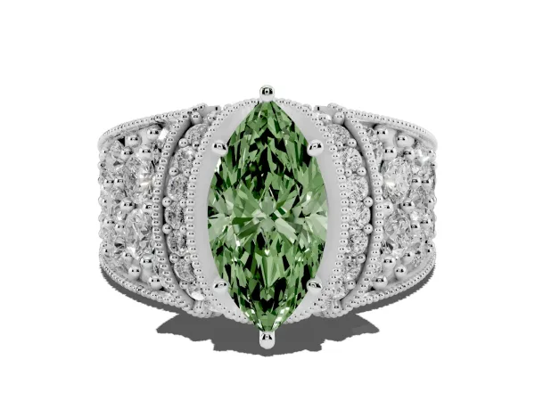 Fancy Green Marquise Cut Halo Pave Diamond Engagement Ring with Milgrain Detailing White gold