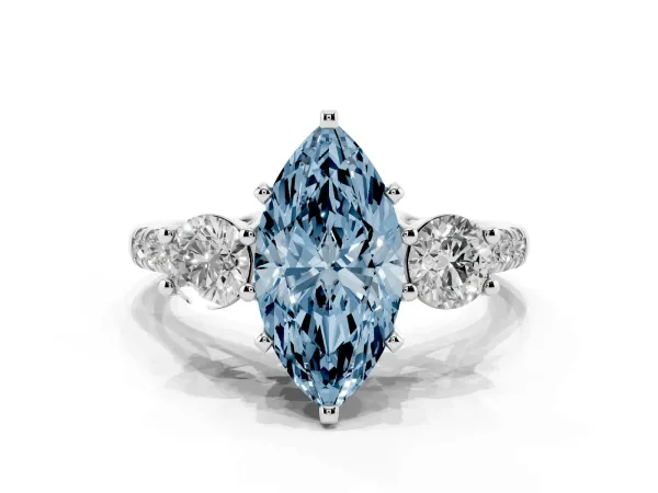 Fancy Blue Three-Stone Marquise Cut Diamond Pavé Band with Four-Prong Setting Platinum