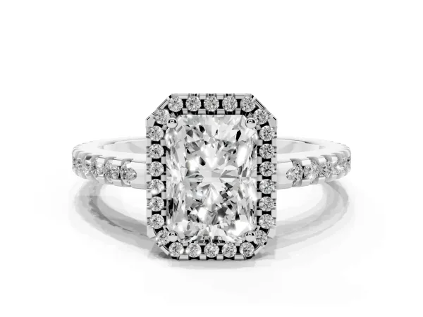 Radiant Cut Diamond Halo Engagement Ring with Pavé Band and Prong Setting Platinum