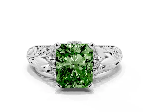 Fancy Green Radiant Cut Solitaire Filigree Engagement Ring with Halo and Prong Setting White gold