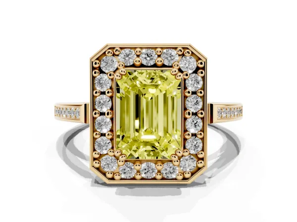 Fancy Yellow Emerald Cut Diamond Halo Ring with Split Shank and Four-Prong Setting Yellow gold