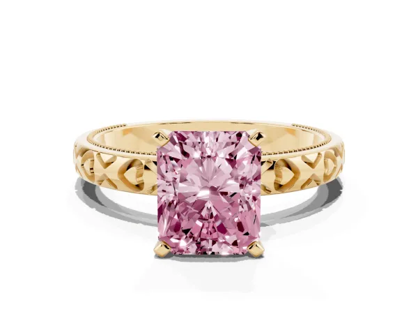 Fancy Pink Radiant Cut Solitaire Diamond Engagement Ring with XO Engraved Band and Four-Prong Setting Yellow gold
