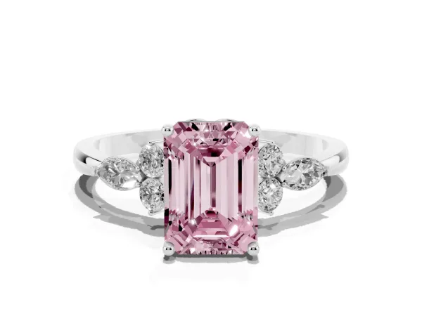 Fancy Pink Emerald Cut Brilliant Diamond Solitaire Ring with Pear Side Stones and Four-Prong Setting Platinum