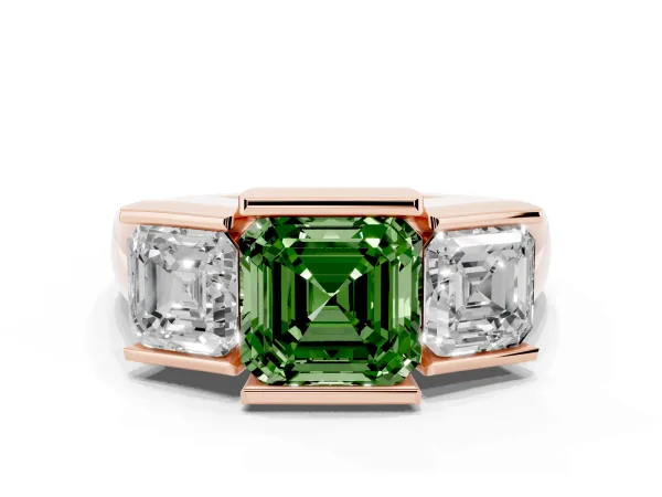 Fancy Green Three Stone Asscher Cut Cut Channel Set Diamond Ring Rose gold