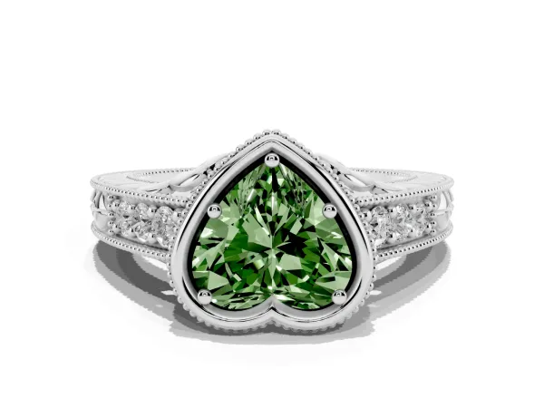 Fancy Green Bezel Set Heart Cut Diamond Milgrain Pave Engagement Ring Platinum