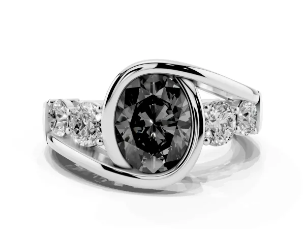 Fancy Black Bezel Set Oval Cut Diamond Bypass Ring with Round Accents Platinum