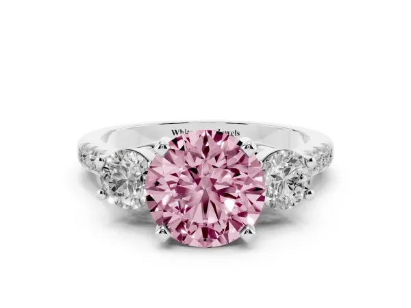 Fancy Pink Three-Stone Round Cut Diamond Pavé Band with Four-Prong Setting Platinum