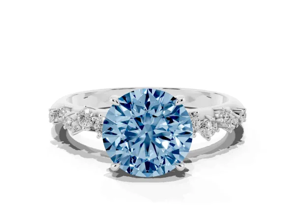 Fancy Blue Round Cut Diamond Cluster Side Stone Solitaire Ring with Prong Setting Platinum