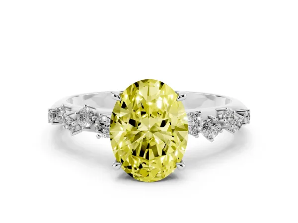 Fancy Yellow Oval Cut Diamond Cluster Side Stone Solitaire Ring with Prong Setting White gold