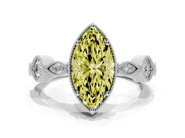 Fancy Yellow Marquise Cut Diamond Vintage Milgrain Ring with Round Stations Platinum