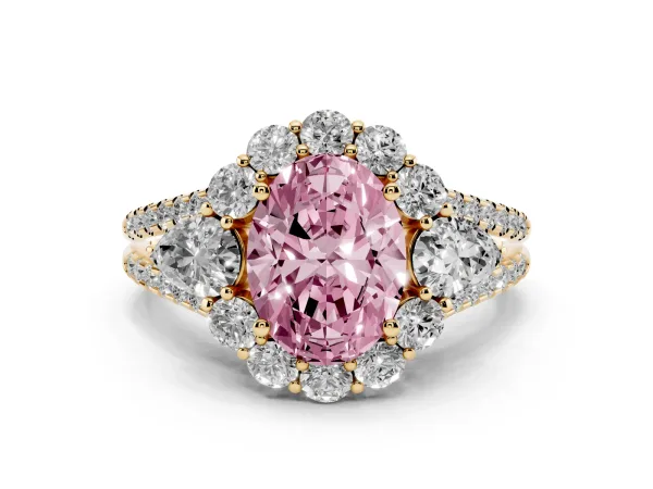 Fancy Pink Oval Cut Halo Split Shank Diamond Engagement Ring with Prong Setting Yellow gold