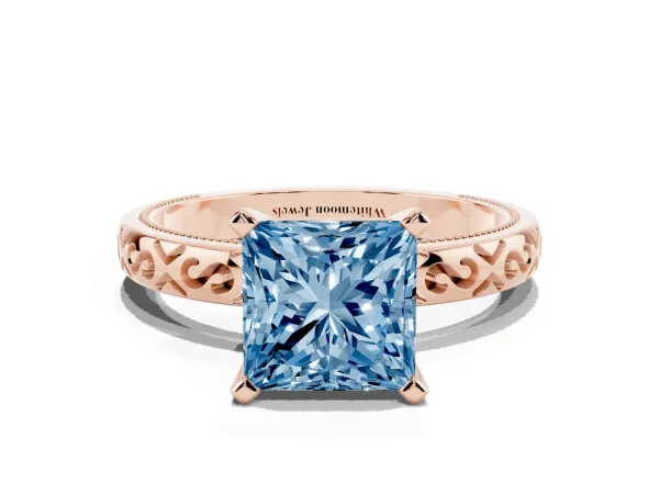 Fancy Blue Princess Cut Solitaire Engagement Ring with Scrollwork Band and Four-Prong Setting Rose gold
