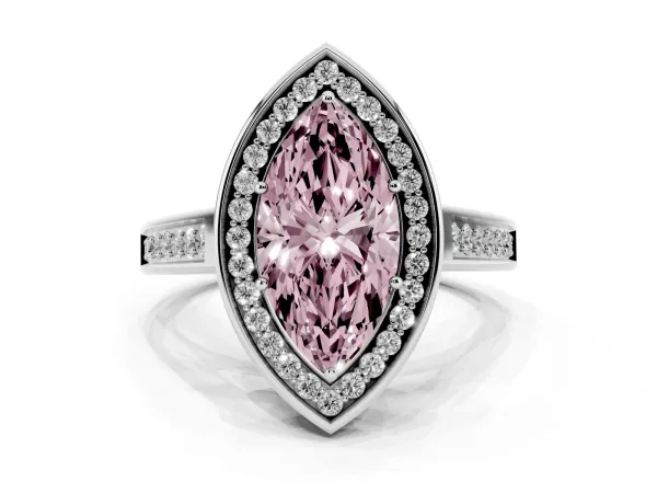 Fancy Pink Marquise Cut Halo Solitaire Diamond Ring with Pave Band and Bezel Setting White gold