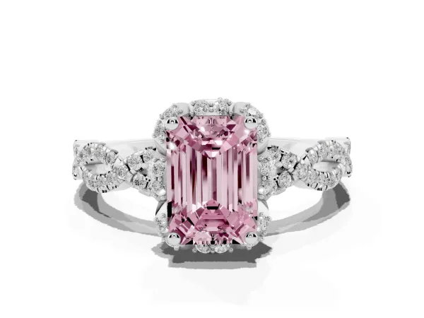Fancy Pink Emerald Cut Halo Twist Band Solitaire Ring with Six-Prong Setting Platinum