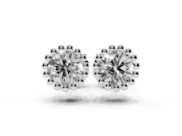 Round Diamond Flower Halo Stud Earrings with Petal Prong Setting Silver