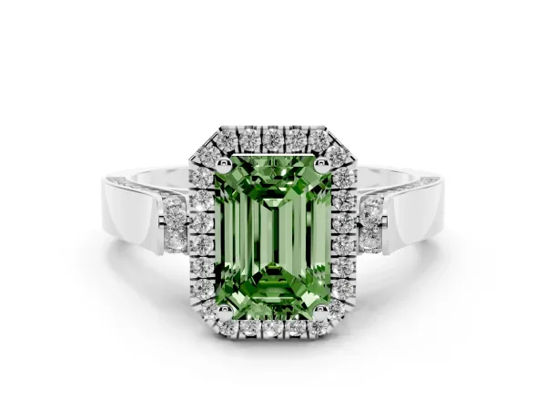 Fancy Green Emerald Cut Halo Pave Split Shank Prong Setting Ring White gold