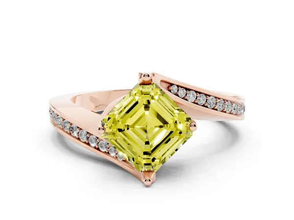 Fancy Yellow Asscher Cut Solitaire Diamond Twist Band with Pavé Setting and Four-Prong Setting Rose gold