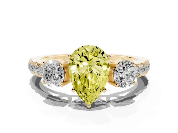 Fancy Yellow Pear Cut Cut Diamond Three-Stone Ring with Round Side Stones and Pavé Band Yellow gold