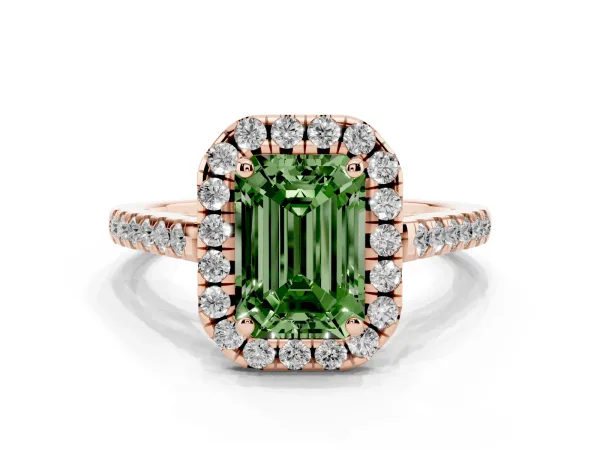 Fancy Green Emerald Cut Halo Pavé Diamond Engagement Ring with Four-Prong Setting Rose gold