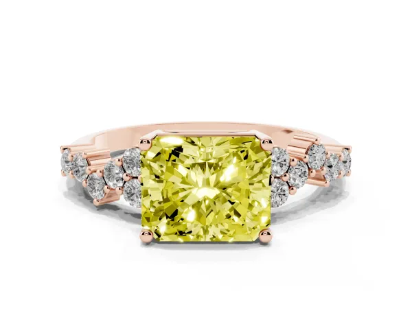Fancy Yellow Radiant Cut Diamond Scattered Round Accent Ring with Prong Setting Rose gold