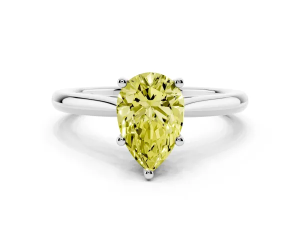Fancy Yellow Pear Cut Cut Solitaire Ring with Cathedral Band and Four-Prong Setting White gold