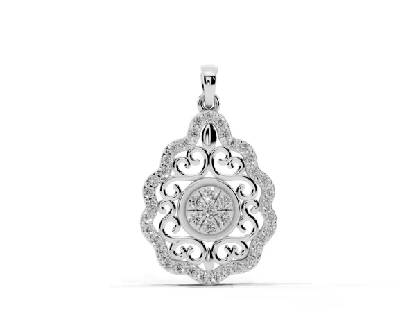 Round Diamond Halo Pendant with Filigree Design Silver