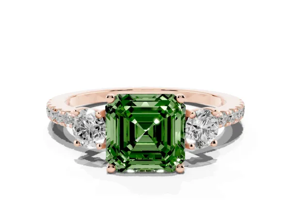 Fancy Green Three-Stone Asscher Cut Cut Diamond Pavé Band with Prong Setting Rose gold