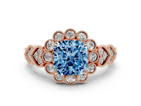 Fancy Blue Cushion Cut Brilliant Milgrain Pave Heart Band Solitaire Ring Rose gold