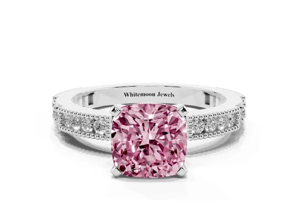 Fancy Pink Cushion Cut Solitaire with Pavé Band and Four-Prong Setting White gold