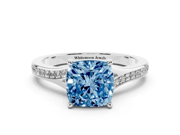 Fancy Blue Cushion Cut Diamond Solitaire Ring with Pavé Band and Prong Setting Platinum