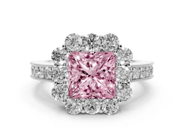 Fancy Pink Princess Cut Cut Halo Diamond Pavé Engagement Ring with Milgrain Detailing White gold
