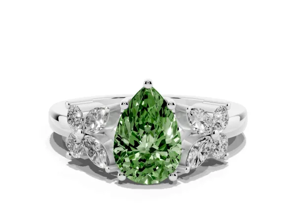 Fancy Green Pear Cut Diamond Floral Cluster Ring with Solitaire Band and Prong Setting Platinum