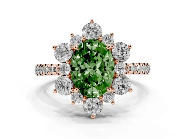 Fancy Green Oval Cut Diamond Floral Halo Ring with Round Pavé Band and Prong Setting Rose gold