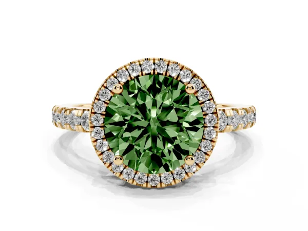 Fancy Green Round Cut Diamond Halo Ring with Pavé Band and Four-Prong Setting Yellow gold