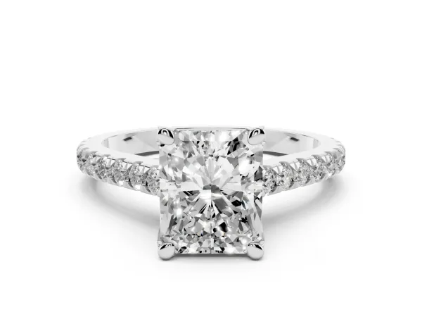 Radiant Cut Brilliant Diamond Solitaire with Pavé Band and Four-Prong Setting White gold