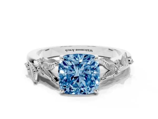 Fancy Blue Cushion Cut Diamond Solitaire Ring with Leaf Motif Band and Four-Prong Setting Platinum