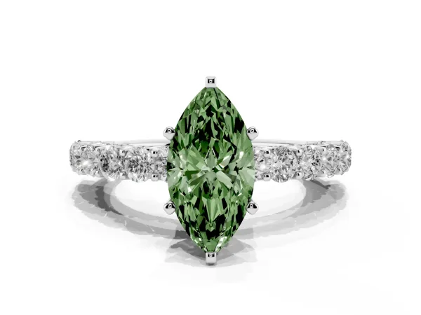 Fancy Green Marquise Cut Diamond Solitaire Ring with Shared Prong Pavé Band and Four-Prong Setting White gold