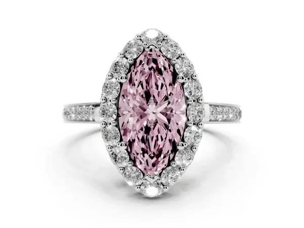 Fancy Pink Marquise Cut Diamond Floral Halo Ring with Pavé Band and Prong Setting Platinum