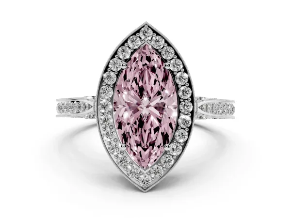 Fancy Pink Marquise Cut Halo Diamond Engagement Ring with Split Shank Band and Four-Prong Setting Platinum
