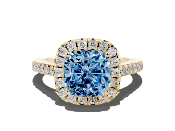 Fancy Blue Cushion Cut Halo Pavé Diamond Engagement Ring with Four-Prong Setting Yellow gold