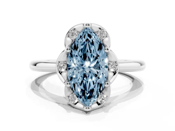 Fancy Blue Marquise Cut Halo Diamond Ring with Round Cluster Setting, Solitaire Band, and Four-Prong Setting Platinum