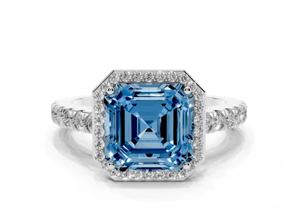 Fancy Blue Asscher Cut Cut Halo Diamond Engagement Ring with Pave Band and Four-Prong Setting White gold