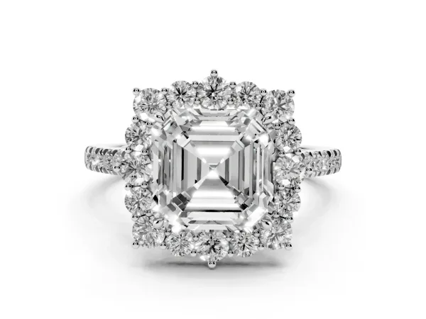 Asscher Cut Halo Diamond Ring with Pavé Band and Prong Setting White gold
