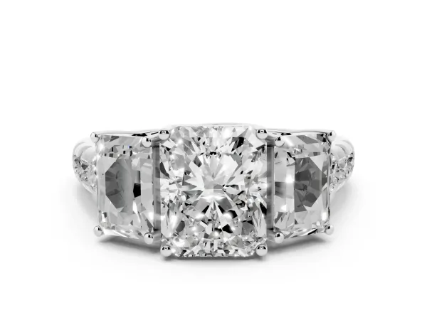 Three-Stone Radiant Cut Diamond Pavé Band with Prong Setting White gold