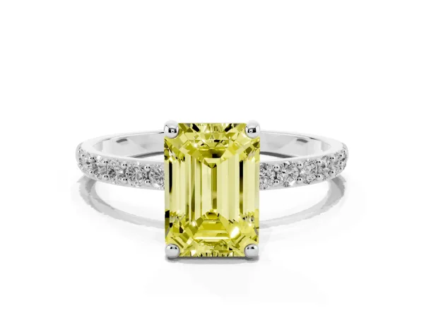 Fancy Yellow Emerald Cut Diamond Solitaire Ring with Round Pavé Band and Prong Setting White gold