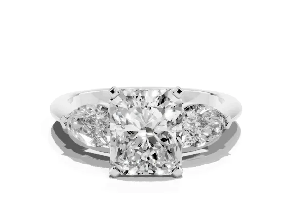 Three-Stone Radiant Cut Diamond Ring with Pear Side Stones and Four-Prong Setting White gold